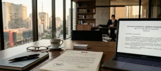 Advogado em ambiente de escritório analisando documento sobre retenção de veículo em oficina.