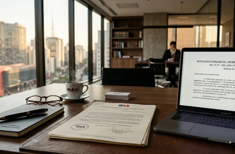 Advogado em ambiente de escritório analisando documento sobre retenção de veículo em oficina.