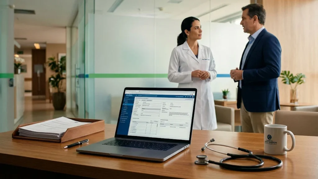 Fotografia profissional de mesa corporativa em hospital com prontuário eletrônico em tela de notebook e estetoscópio, com profissional de saúde ao fundo discutindo conformidade jurídica.