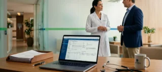 Fotografia profissional de mesa corporativa em hospital com prontuário eletrônico em tela de notebook e estetoscópio, com profissional de saúde ao fundo discutindo conformidade jurídica.