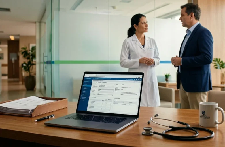 Fotografia profissional de mesa corporativa em hospital com prontuário eletrônico em tela de notebook e estetoscópio, com profissional de saúde ao fundo discutindo conformidade jurídica.