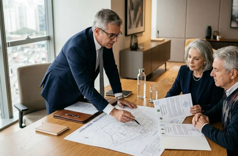 Advogado especialista explicando o processo de regularização fundiária e análise de documentos de loteamento rural para clientes em uma sala de reunião moderna em São Paulo.