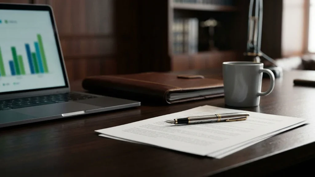 Foto em foco seletivo de documentos contratuais sobre mesa de madeira escura em escritório corporativo em São Paulo, representando a análise de direitos trabalhistas e acúmulo de função.