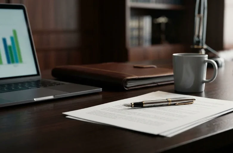 Foto em foco seletivo de documentos contratuais sobre mesa de madeira escura em escritório corporativo em São Paulo, representando a análise de direitos trabalhistas e acúmulo de função.