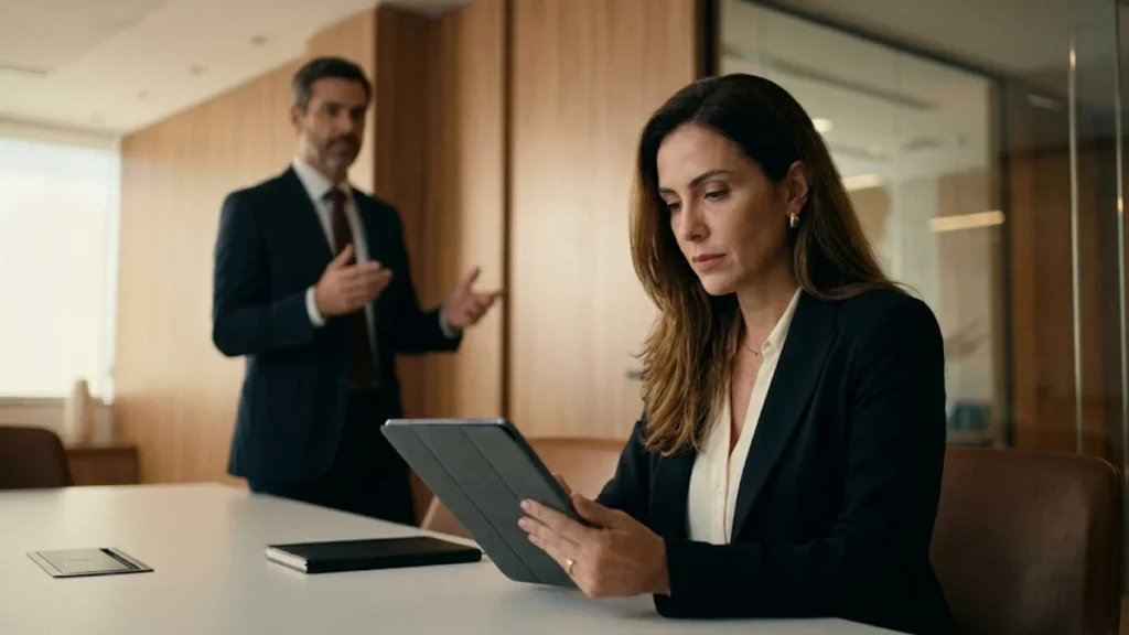Cliente em escritório corporativo moderno analisando em um tablet as cláusulas para rescindir um contrato de prestação de serviço não cumprido sem aplicação de multa.