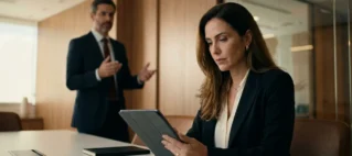 Cliente em escritório corporativo moderno analisando em um tablet as cláusulas para rescindir um contrato de prestação de serviço não cumprido sem aplicação de multa.
