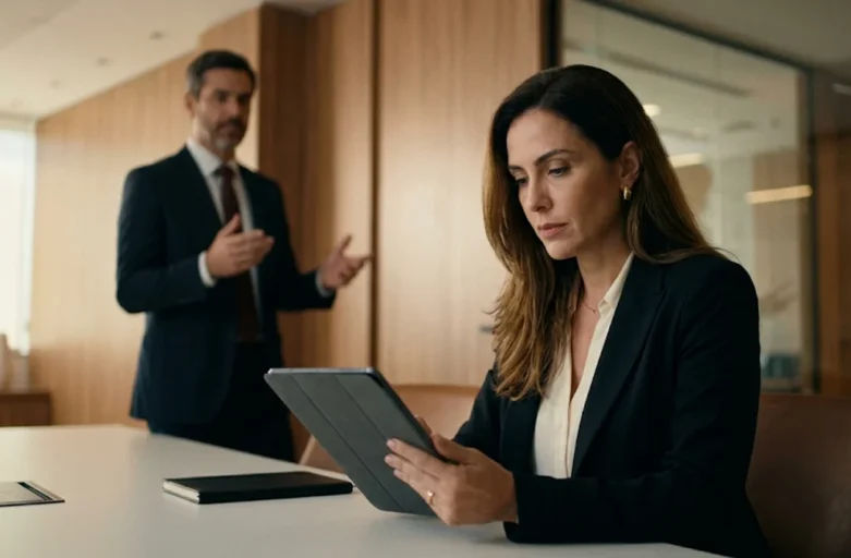 Cliente em escritório corporativo moderno analisando em um tablet as cláusulas para rescindir um contrato de prestação de serviço não cumprido sem aplicação de multa.