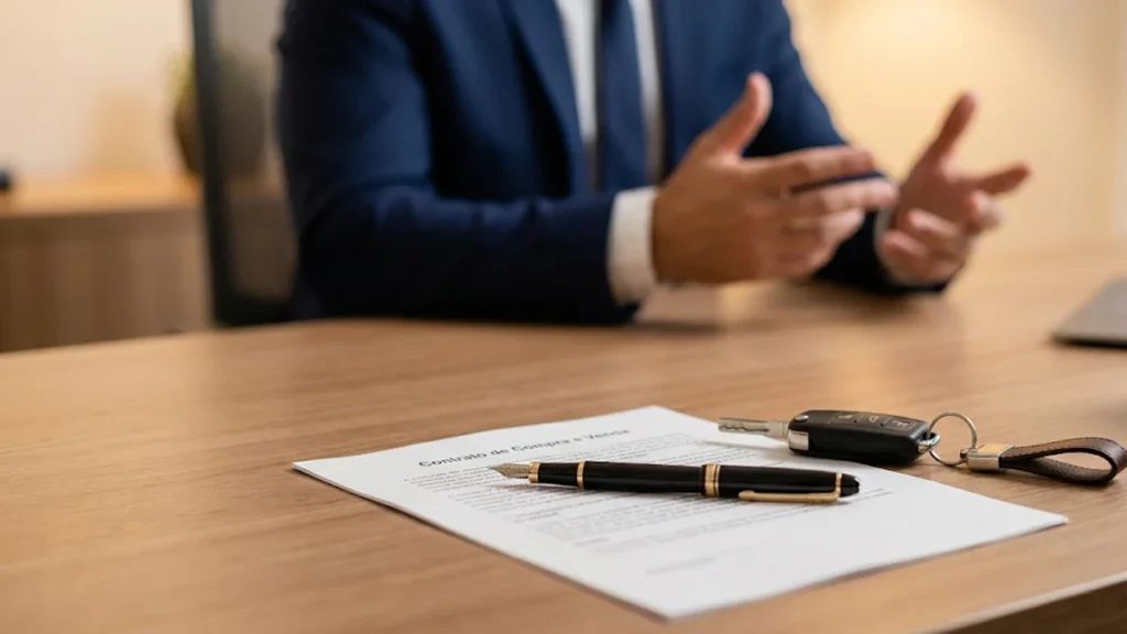 Contrato de compra e venda impresso sobre mesa de escritório com uma chave de carro ao lado, ilustrando o processo de rescisão de contrato de venda de veículo por defeito oculto.