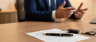 Contrato de compra e venda impresso sobre mesa de escritório com uma chave de carro ao lado, ilustrando o processo de rescisão de contrato de venda de veículo por defeito oculto.