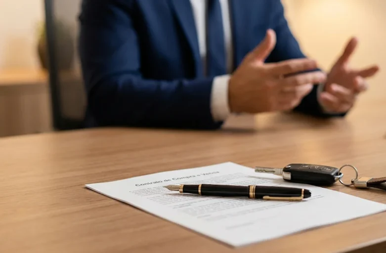 Contrato de compra e venda impresso sobre mesa de escritório com uma chave de carro ao lado, ilustrando o processo de rescisão de contrato de venda de veículo por defeito oculto.