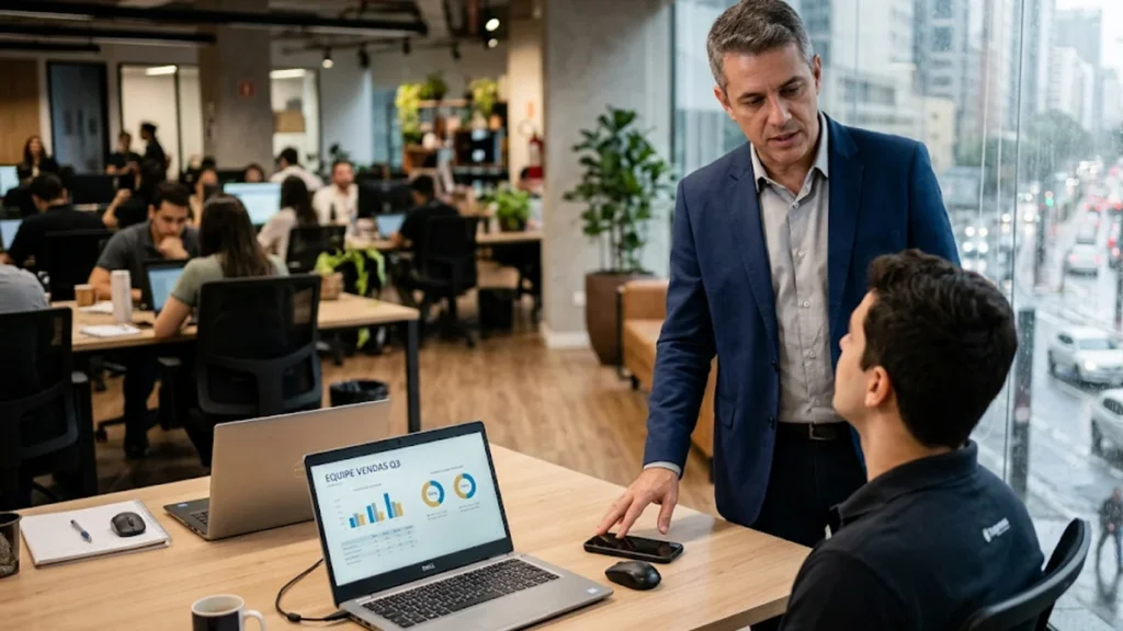Gerente de empresa em São Paulo orientando funcionário sobre a política de uso de celular no ambiente de trabalho durante a jornada.
