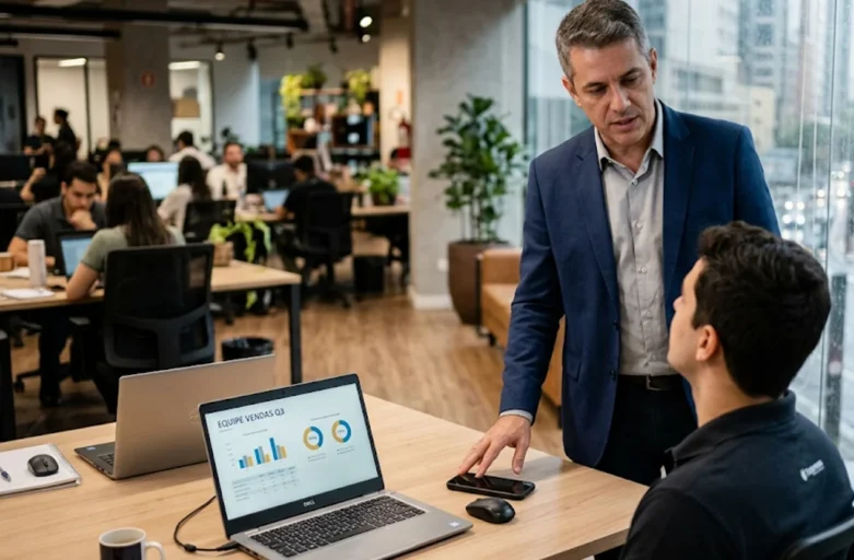 Gerente de empresa em São Paulo orientando funcionário sobre a política de uso de celular no ambiente de trabalho durante a jornada.
