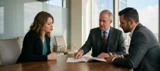 Reunião corporativa moderna com advogado sênior orientando empresários sobre conformidade legal em contratos de prestação de serviços.