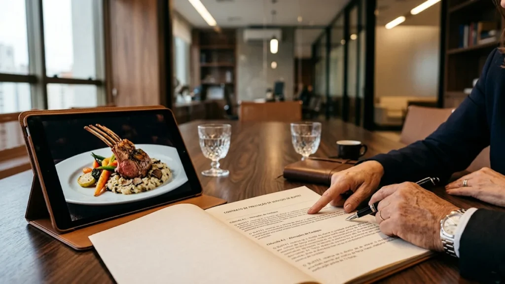 Advogado especialista em direito do consumidor em São Paulo analisando contrato de buffet com cliente devido a alteração unilateral de cardápio em evento.