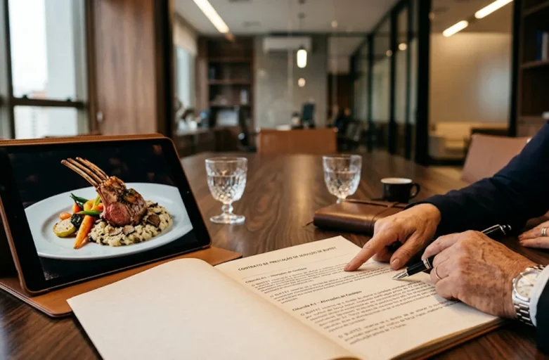 Advogado especialista em direito do consumidor em São Paulo analisando contrato de buffet com cliente devido a alteração unilateral de cardápio em evento.