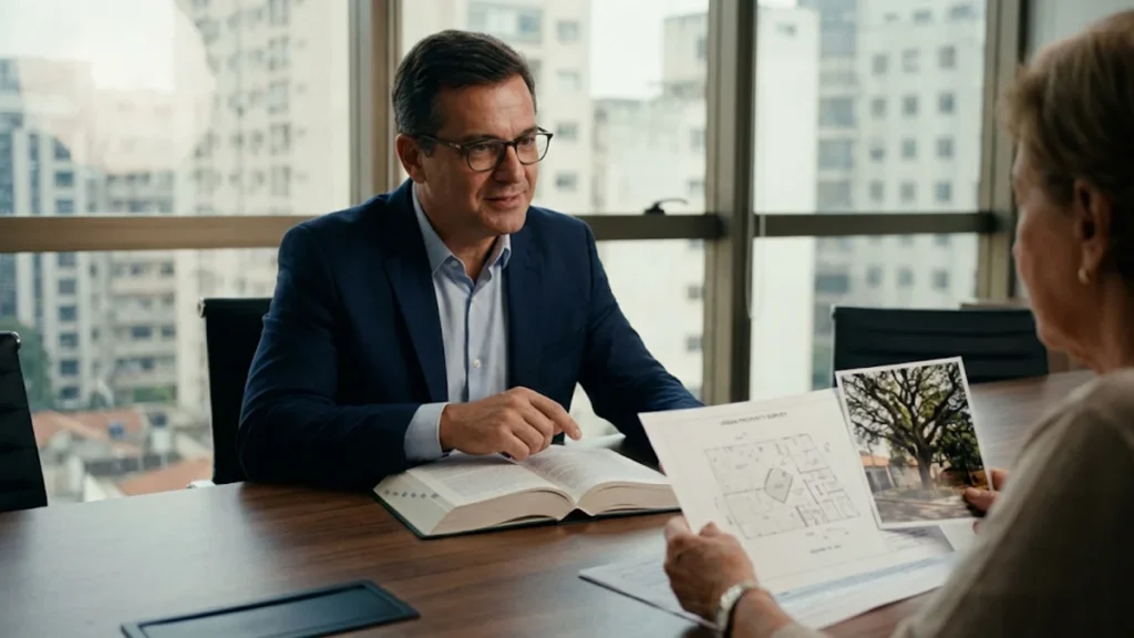Fotografia corporativa moderna em escritório de São Paulo de um advogado analisando com uma cliente preocupada um mapa de propriedade e fotos de uma árvore grande caolha inclinada, baseando-se no Código Civil brasileiro de 2002.