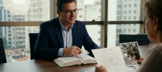 Fotografia corporativa moderna em escritório de São Paulo de um advogado analisando com uma cliente preocupada um mapa de propriedade e fotos de uma árvore grande caolha inclinada, baseando-se no Código Civil brasileiro de 2002.