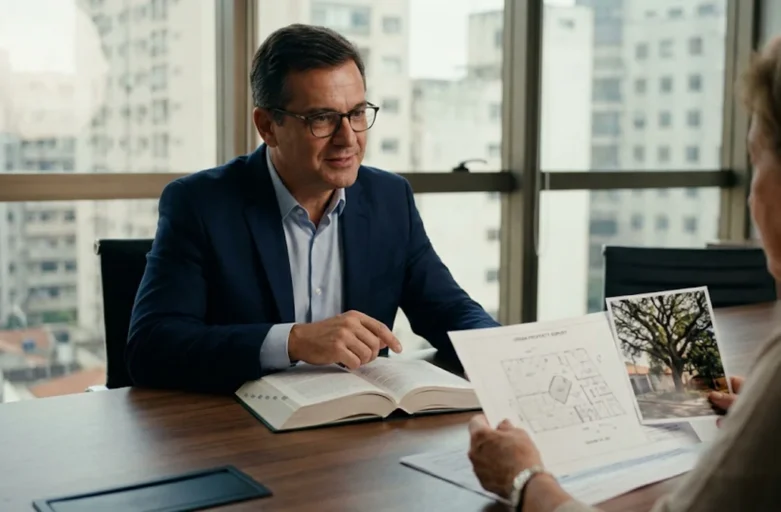 Fotografia corporativa moderna em escritório de São Paulo de um advogado analisando com uma cliente preocupada um mapa de propriedade e fotos de uma árvore grande caolha inclinada, baseando-se no Código Civil brasileiro de 2002.