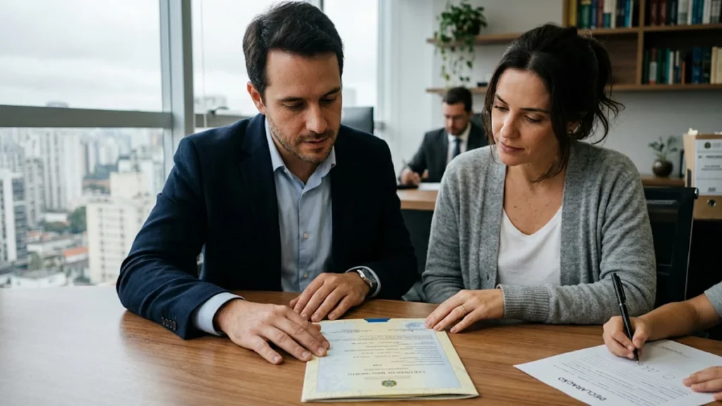 Advogado em São Paulo e casal de clientes analisando documentos de reconhecimento de paternidade socioafetiva para regularizar registro civil.
