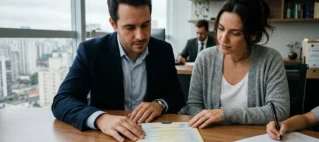 Advogado em São Paulo e casal de clientes analisando documentos de reconhecimento de paternidade socioafetiva para regularizar registro civil.