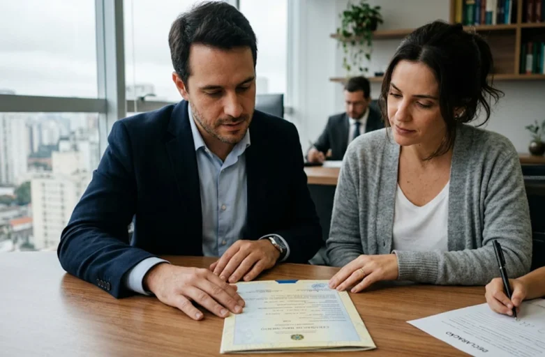 Advogado em São Paulo e casal de clientes analisando documentos de reconhecimento de paternidade socioafetiva para regularizar registro civil.