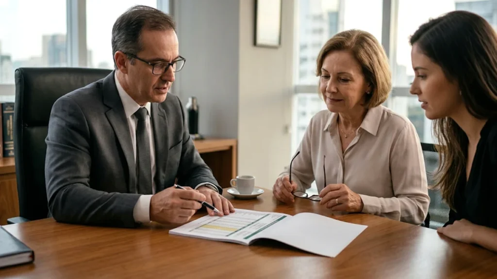 Advogado previdenciário sênior em escritório de São Paulo, explicando simulações de aposentadoria para cliente madura e sua filha, focados em documentos e laudo técnico. Ambiente corporativo moderno e intimista.