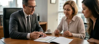 Advogado previdenciário sênior em escritório de São Paulo, explicando simulações de aposentadoria para cliente madura e sua filha, focados em documentos e laudo técnico. Ambiente corporativo moderno e intimista.