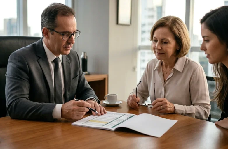 Advogado previdenciário sênior em escritório de São Paulo, explicando simulações de aposentadoria para cliente madura e sua filha, focados em documentos e laudo técnico. Ambiente corporativo moderno e intimista.