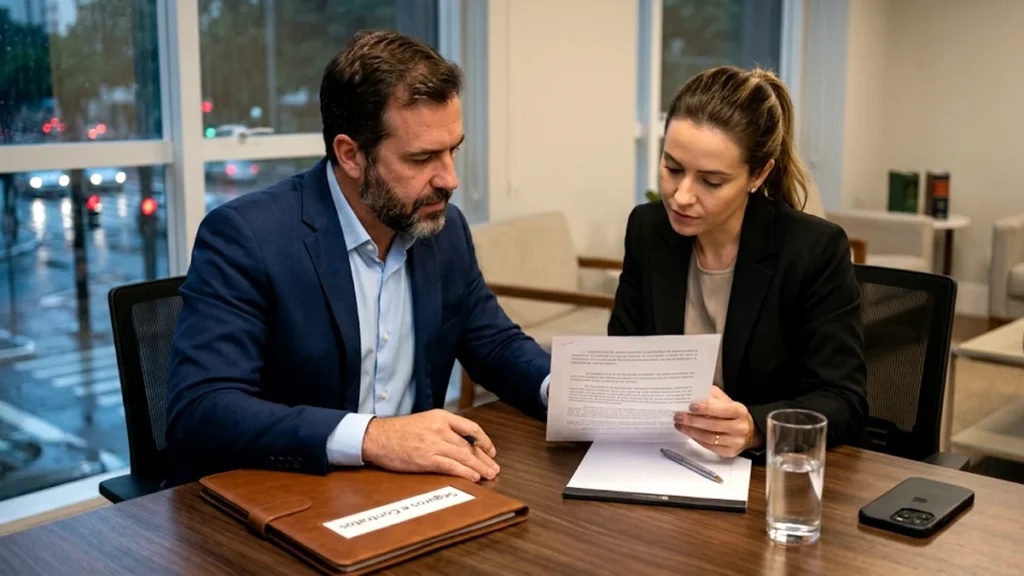 Advogado especialista em direito do seguro orientando cliente sobre indenização integral e cobrança ilegal de franquia em escritório na Grande São Paulo.