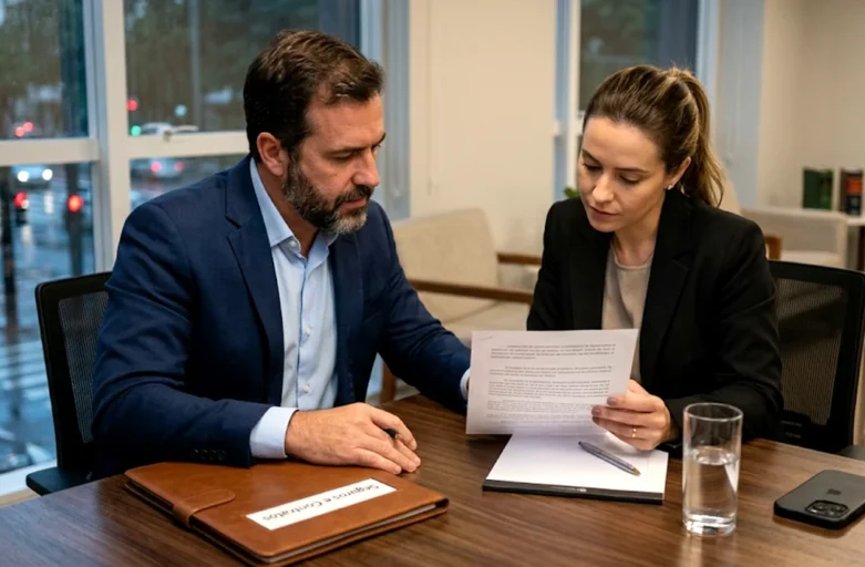 Advogado especialista em direito do seguro orientando cliente sobre indenização integral e cobrança ilegal de franquia em escritório na Grande São Paulo.