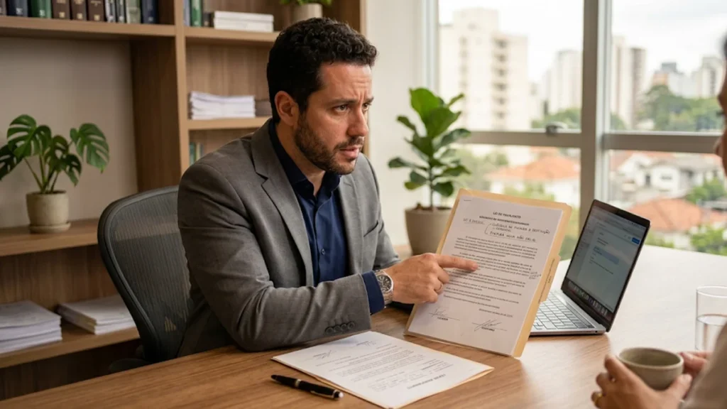 Advogado imobiliário em São Paulo analisando contrato de locação e orientando cliente sobre direitos na devolução de imóvel alugado.