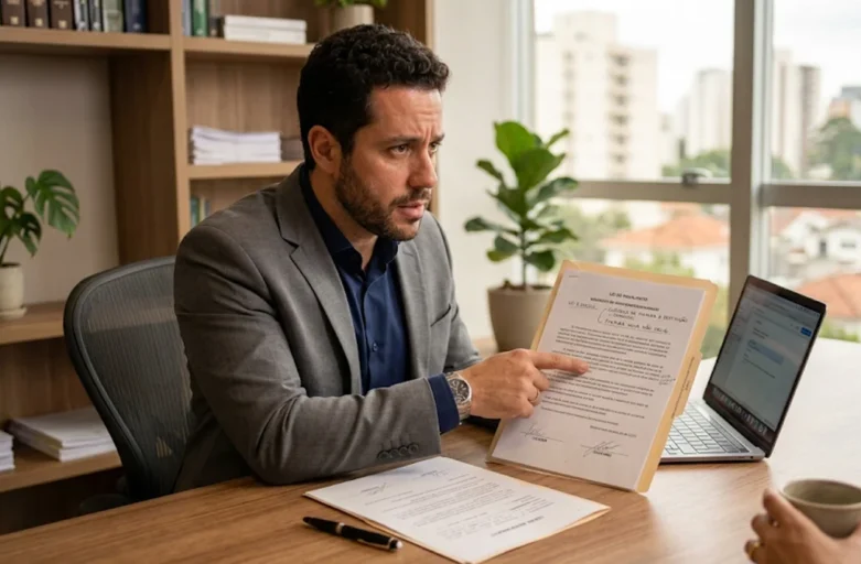 Advogado imobiliário em São Paulo analisando contrato de locação e orientando cliente sobre direitos na devolução de imóvel alugado.