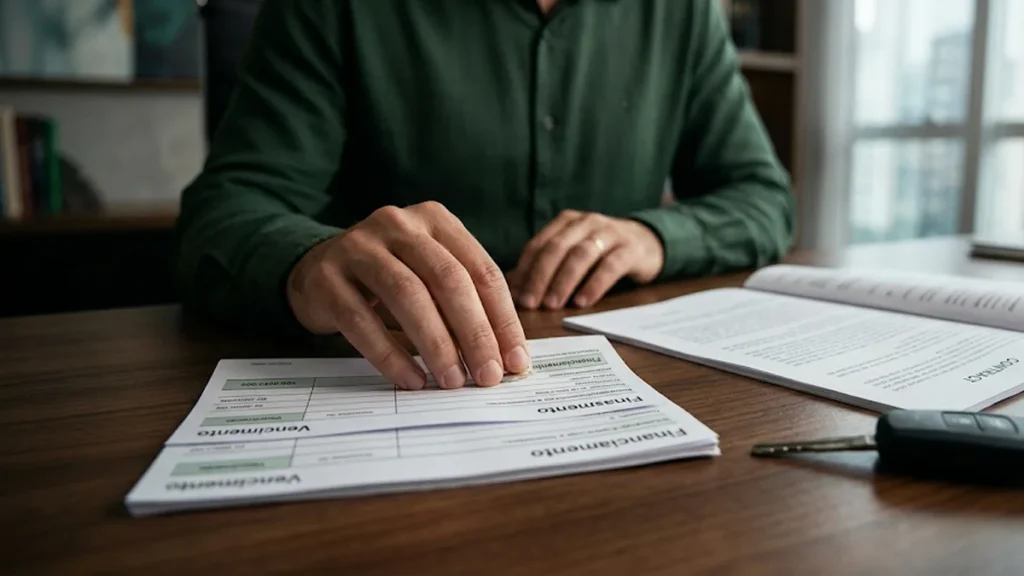 Close nos boletos de financiamento sendo segurados com apreensão por mãos de consumidor sobre mesa de reunião em escritório corporativo moderno em São Paulo.