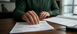 Close nos boletos de financiamento sendo segurados com apreensão por mãos de consumidor sobre mesa de reunião em escritório corporativo moderno em São Paulo.