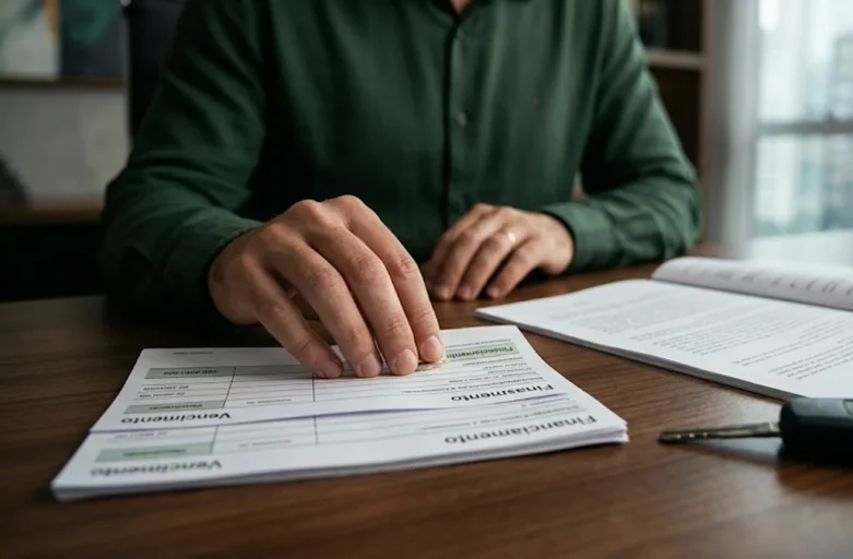 Close nos boletos de financiamento sendo segurados com apreensão por mãos de consumidor sobre mesa de reunião em escritório corporativo moderno em São Paulo.