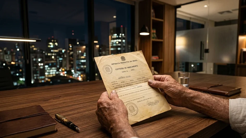 Mãos idosas segurando certidão antiga de nascimento para provar tempo rural na aposentadoria híbrida urbana em escritório de advocacia em São Paulo.