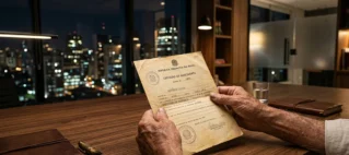Mãos idosas segurando certidão antiga de nascimento para provar tempo rural na aposentadoria híbrida urbana em escritório de advocacia em São Paulo.