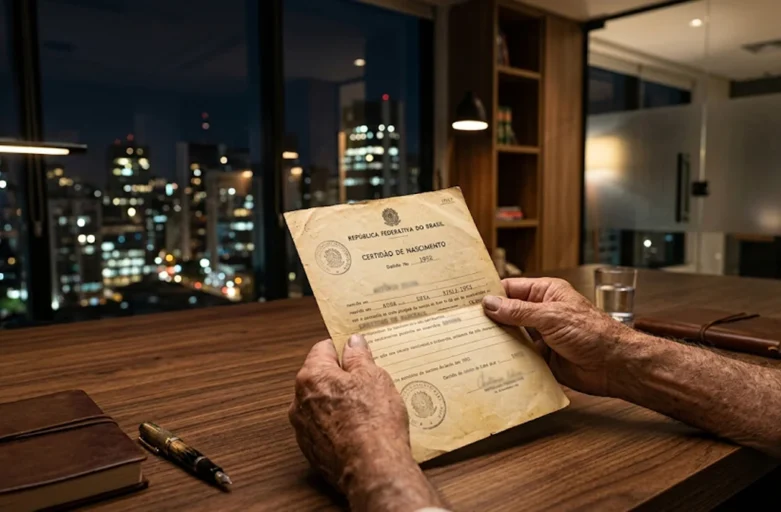 Mãos idosas segurando certidão antiga de nascimento para provar tempo rural na aposentadoria híbrida urbana em escritório de advocacia em São Paulo.