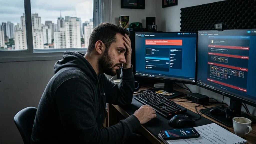 Pessoa estressada em escritório em São Paulo olhando para tela de computador com conta Steam hackeada e inventário de skins roubado, buscando auxílio jurídico