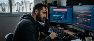 Pessoa estressada em escritório em São Paulo olhando para tela de computador com conta Steam hackeada e inventário de skins roubado, buscando auxílio jurídico