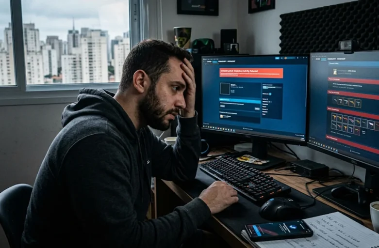 Pessoa estressada em escritório em São Paulo olhando para tela de computador com conta Steam hackeada e inventário de skins roubado, buscando auxílio jurídico