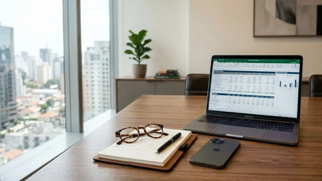 Mesa de reunião corporativa em madeira com notebook aberto, óculos sobre bloco de notas e celular, representando ambiente de assessoria jurídica trabalhista em São Paulo.