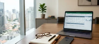 Mesa de reunião corporativa em madeira com notebook aberto, óculos sobre bloco de notas e celular, representando ambiente de assessoria jurídica trabalhista em São Paulo.