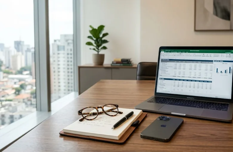 Mesa de reunião corporativa em madeira com notebook aberto, óculos sobre bloco de notas e celular, representando ambiente de assessoria jurídica trabalhista em São Paulo.