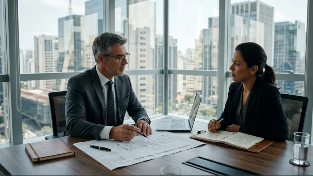 Reunião estratégica entre advogado trabalhista sênior e cliente analisando provas para audiência complexa em São Paulo.