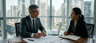 Reunião estratégica entre advogado trabalhista sênior e cliente analisando provas para audiência complexa em São Paulo.