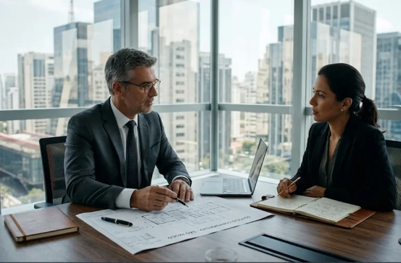 Reunião estratégica entre advogado trabalhista sênior e cliente analisando provas para audiência complexa em São Paulo.