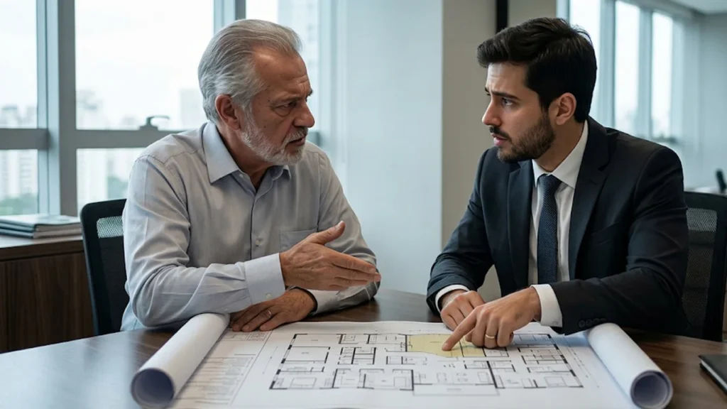 Advogado especialista orientando proprietário sobre planta de reforma e direitos da Lei do Inquilinato em reunião corporativa.