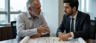 Advogado especialista orientando proprietário sobre planta de reforma e direitos da Lei do Inquilinato em reunião corporativa.