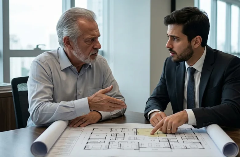 Advogado especialista orientando proprietário sobre planta de reforma e direitos da Lei do Inquilinato em reunião corporativa.